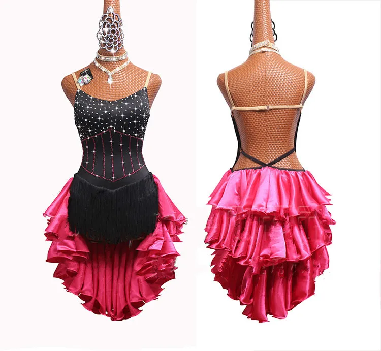 Конкурс латиноамериканских танцев платье для выступлений Новая черная юбка с бахромой розовое красное платье# LD0050