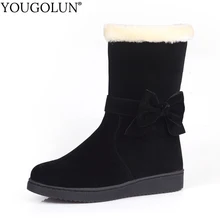 Зимние сапоги; женские зимние теплые сапоги на плоской подошве; модная женская обувь с круглым носком из плюша; женские сапоги из искусственного меха с бантом; цвет черный, винный, красный, абрикосовый; E228