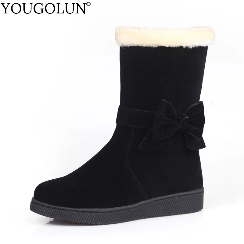 Snow Boots Women Winter Warm E228 Flat Long Plush Ladies Fashion Round Toe Shoes Woman Black Wine Red Apricot Bow Faux Fur Boots