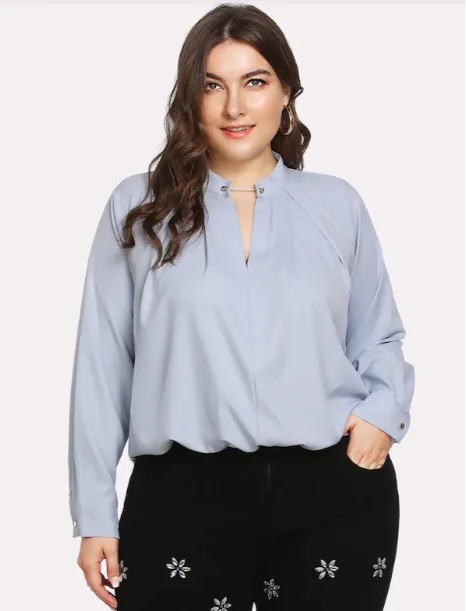 

New Style Europe And America Large Size Dress Pin Buckle Stand Collar Solid Color Long Sleeve Loose-Fit Shirt Fat Younger Sister