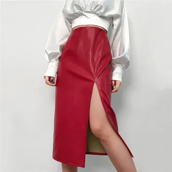 

Fashion Women PU Midi Skirt Elegant High waist Split Wrap Slim Bandage Skirt Ladies OL jupe femme Party Club Streetwear