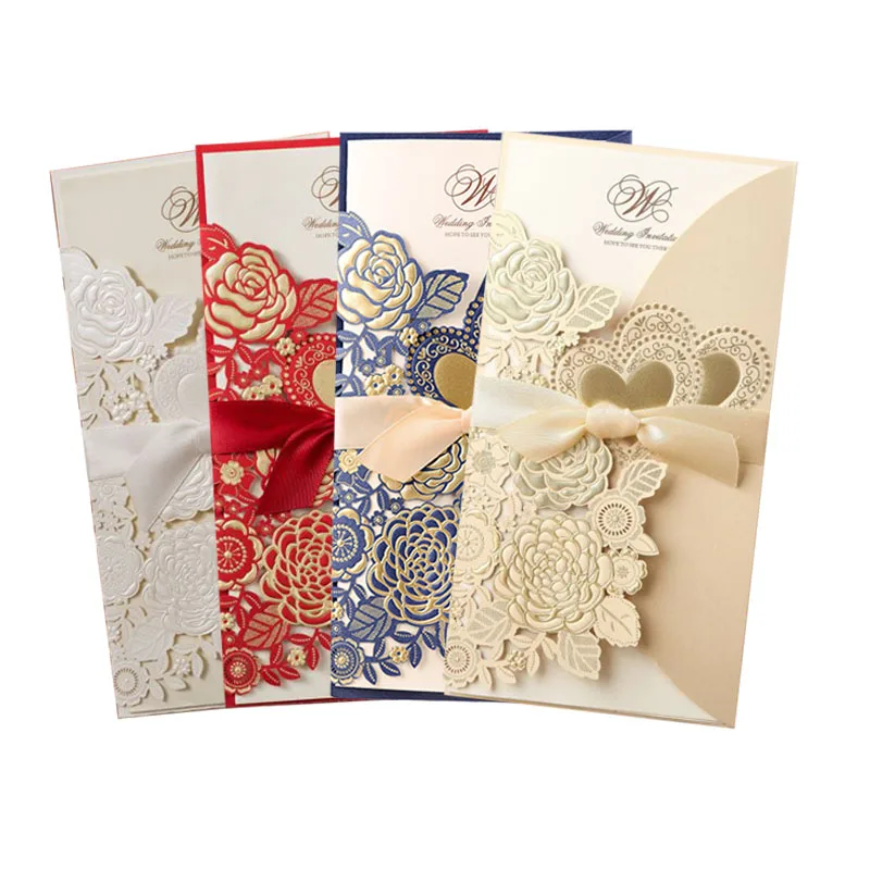 5/10Pcs Laser Cut Wedding Invitations Card Love Heart Customize Greeting Cards with Ribbon Bridal Shower Wedding Party Supplies for Greeting Cards Wedding Invitations