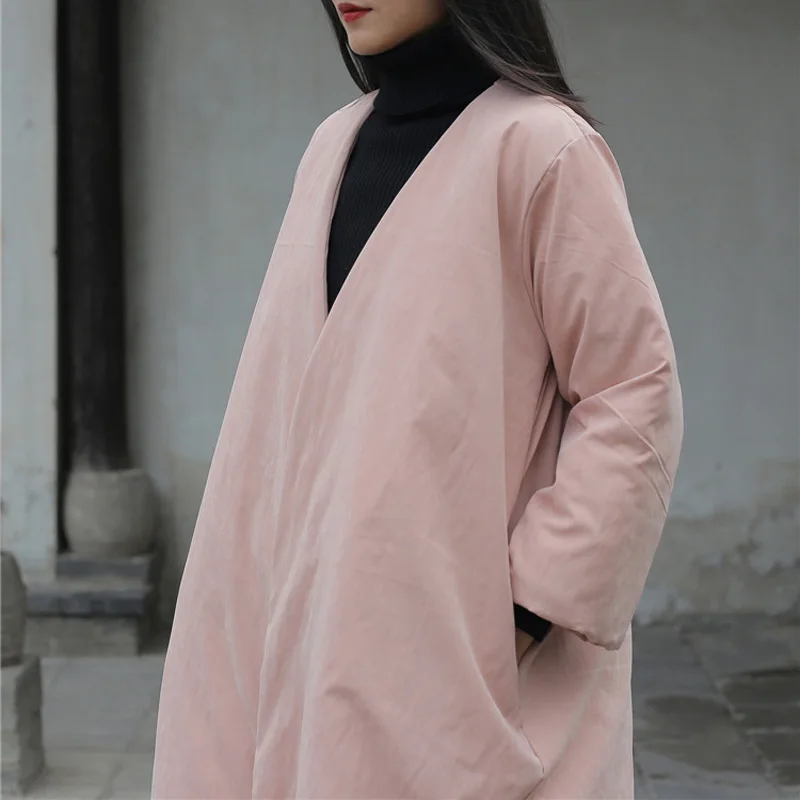 Johnature Women Chinese Style Parkas Solid Color Long Sleeve Winter New V-Neck Button Loose Women Cloths Vintage Parkas