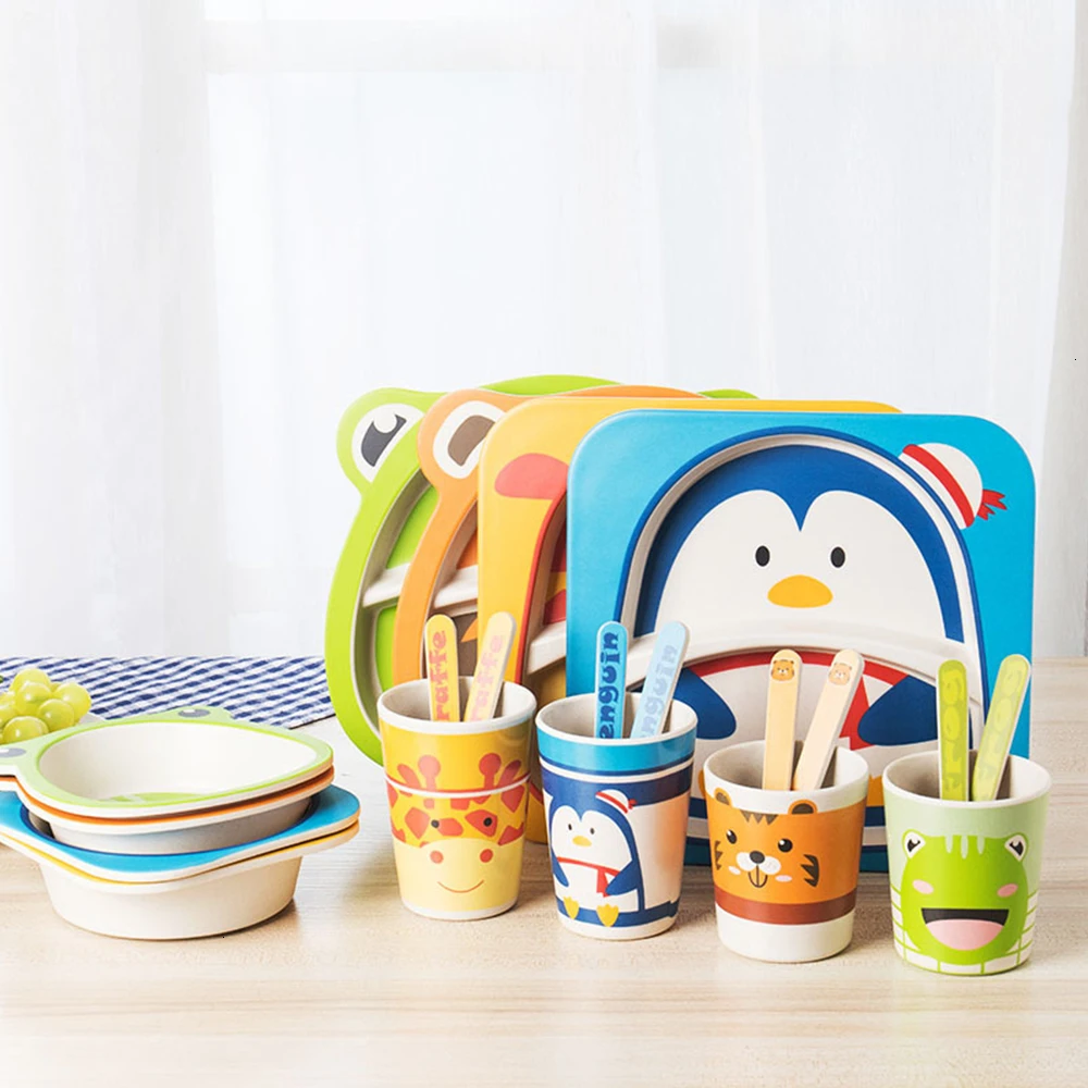 

5Pcs/Set Baby Feeding Bowl Plate Dishes Fork Spoon Cup Cartoon Children Tableware Bamboo Fiber Kids Separation Tableware Gifts
