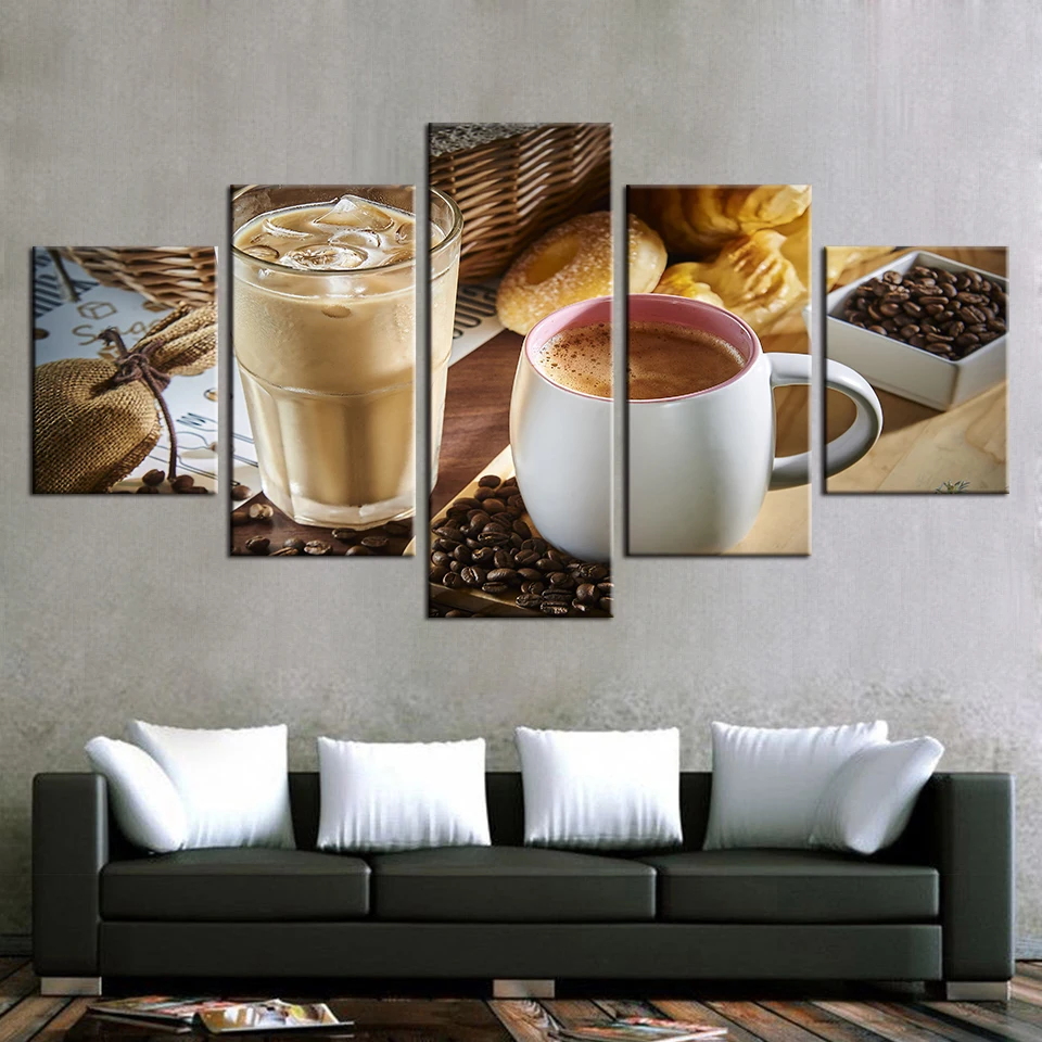 Embelish 5 штук Кофе чашки и фасоли Wall Art модульные картинки для Украшения кухни HD
