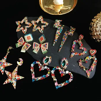 

KMVEXO Mutiple Design Fashion Boho Colorful Crystal Earrings For Women New Rhinestone Statement Heart Stars Drop Earrings Bijoux