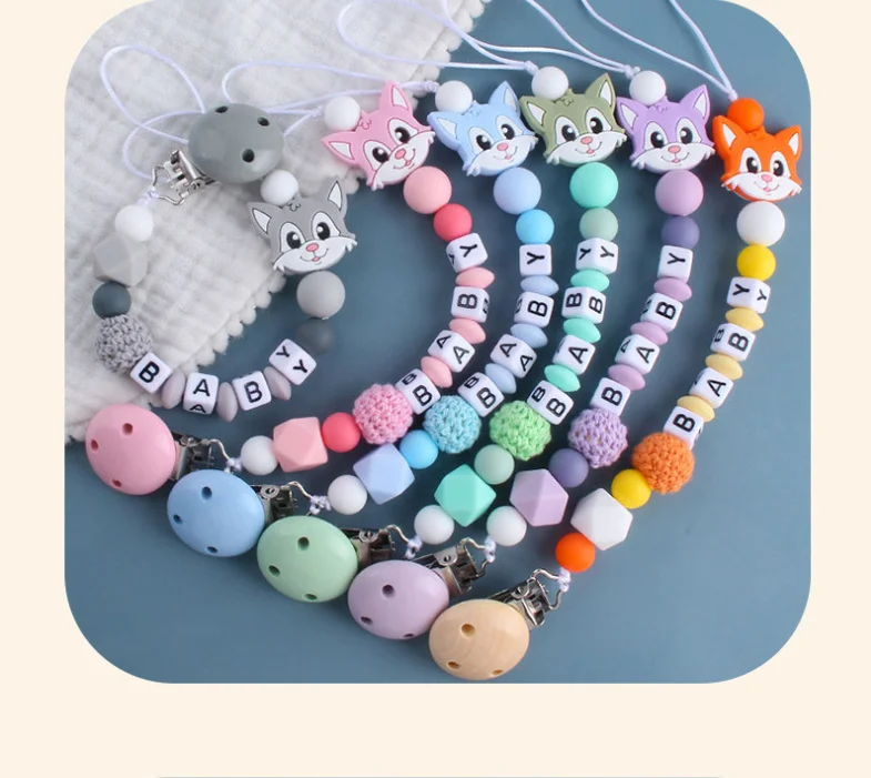 Coskiss Personalized Name Handmade Pacifier Clips Holder Chain Silicone Pacifier Chains Set Civet Cat Baby Teether Chain
