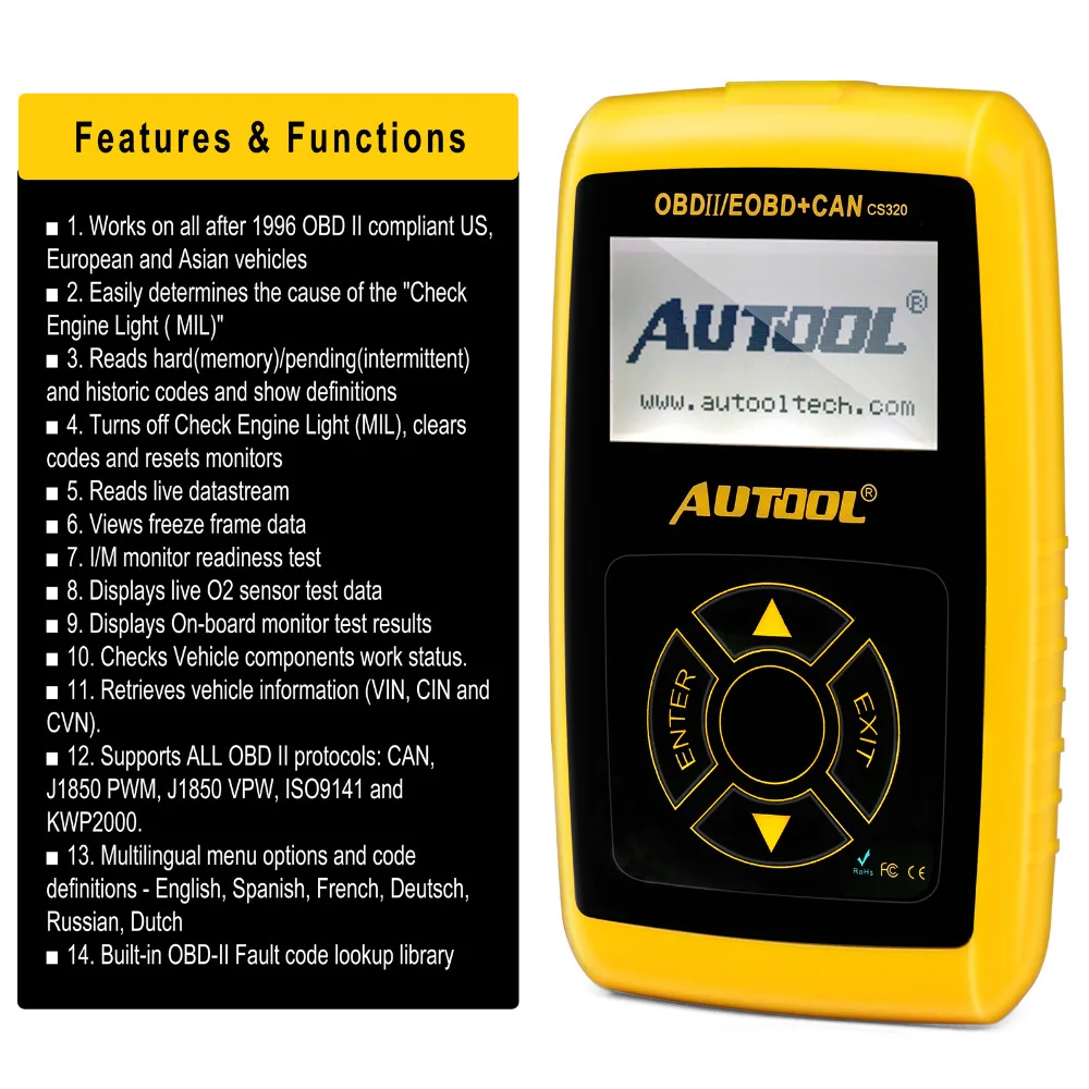 AUTOOL CS320 многоязычный Автомобильный сканер OBD 2 II считыватель кодов неисправностей двигателя автомобильный диагностический инструмент