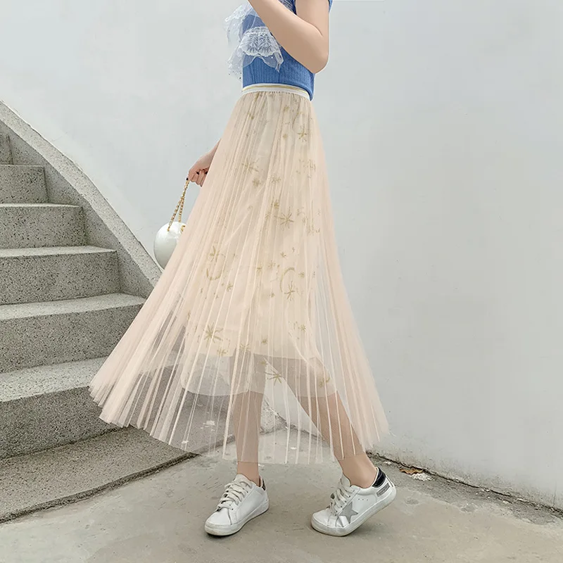 

Star Mesh Dress Skirt 2019 Spring Summer New Style Korean-style High-waisted Gauze Mid-length Embroidered A- line Skirt