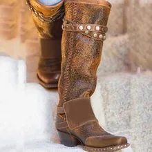 Обувь женские зимние ботинки женские стильные сапоги до колена zapatos de mujer ковбойские ботинки без шнуровки на низком массивном каблуке в ковбойском стиле