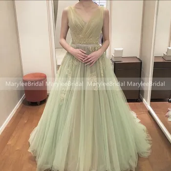 

Glamorous A-line Prom Dresses V-neck Pleats Tulle Fresh Light Green Women Party Night Dress rochii robe de princesse vestido