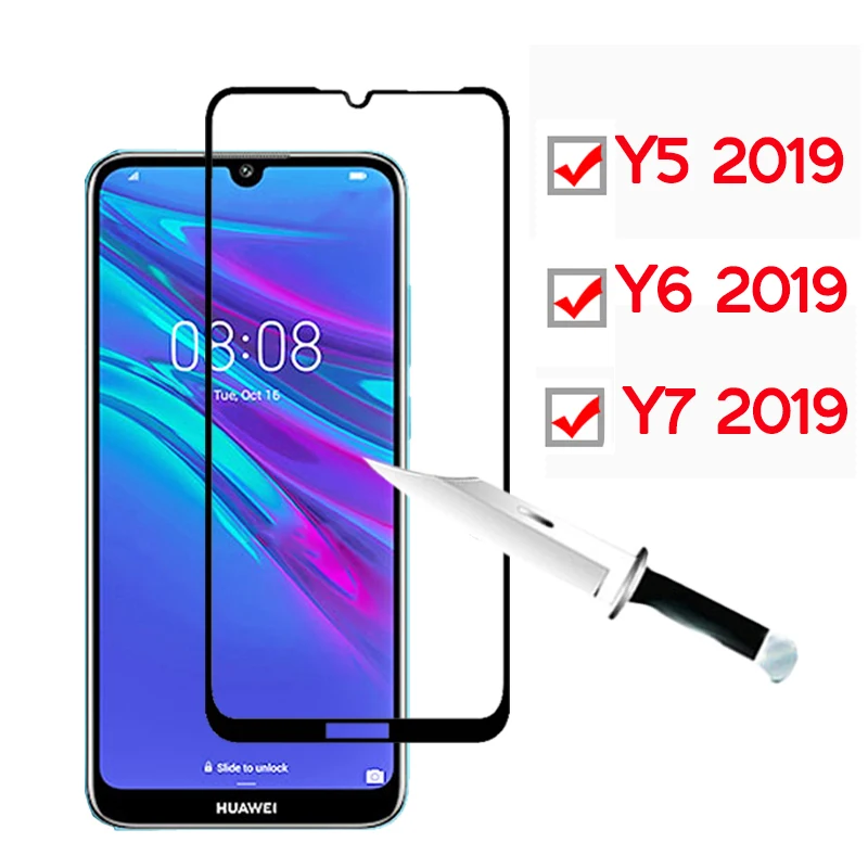 Full Cover Tempered Glass For Huawei Y6 Y5 Y7 2019 Screen Protector Huawey y 5 6 7 Pro Y6Pro Y7Pro Protective Film | Мобильные