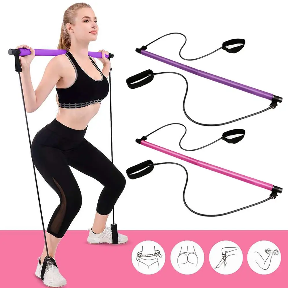 Pilates Bar Kit Resistance Band Yoga Stick Exercise with Foot Loop for Stretch Twisting Sit-Up | Спорт и развлечения