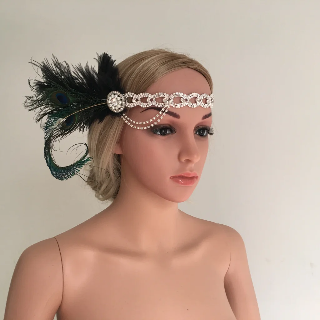 Women Peacock Feather Crystal Chain Tassel Pearls Fascinator 20s Flapper Headband Wedding Party Prom Cocktail Hair Accessory