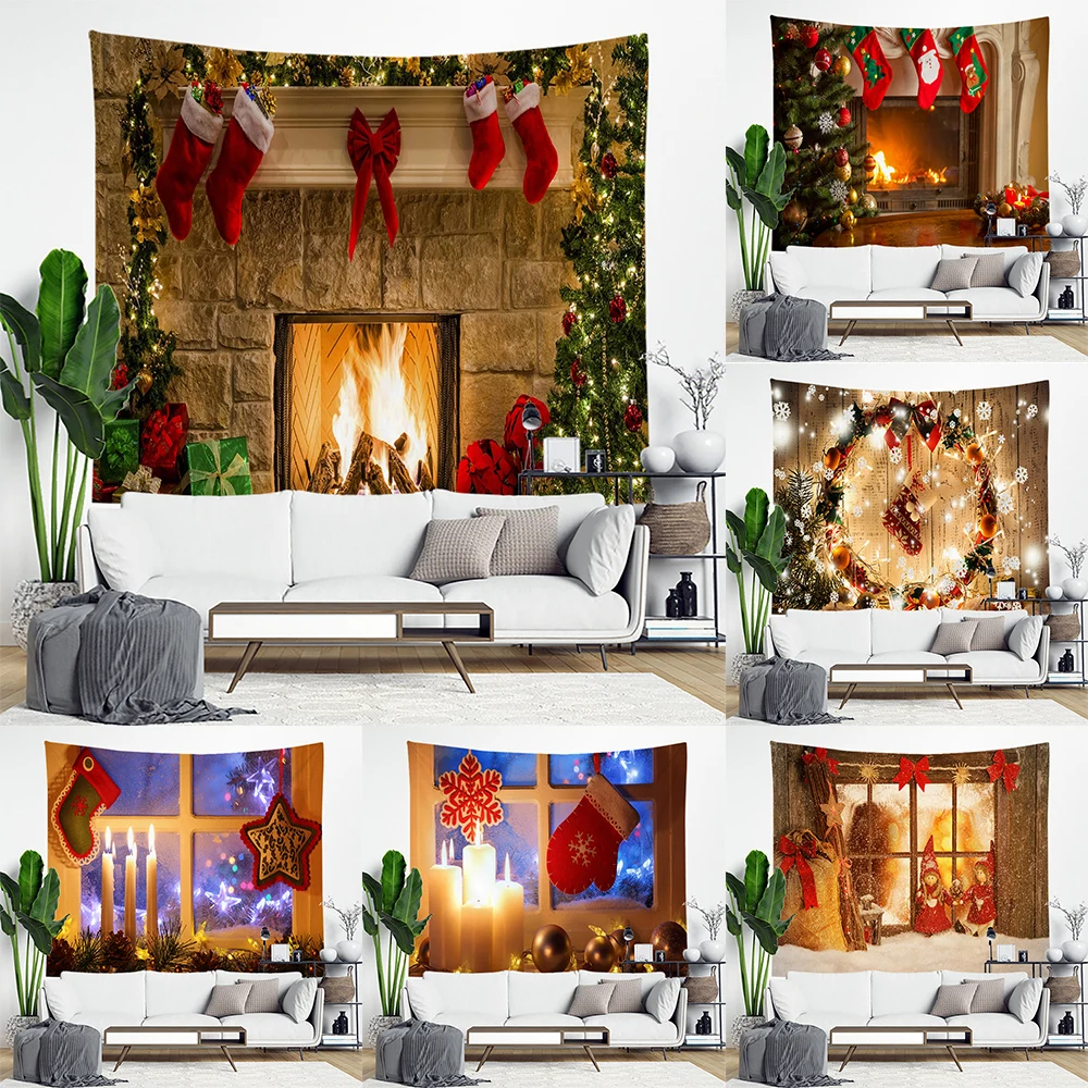 Christmas Tapestry Snowflakes Santa Claus Winter Night Hanging Cloth Fireplace Blanket Gifts Wall Decorations for Home | Дом и сад