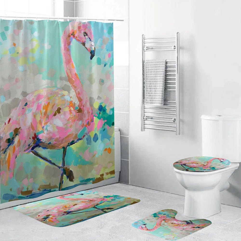 Flamingo Print Waterproof Shower Curtain Polyester Fabric For Bathroom Decor 4 Piece Set Soft Toilet Mat Pad