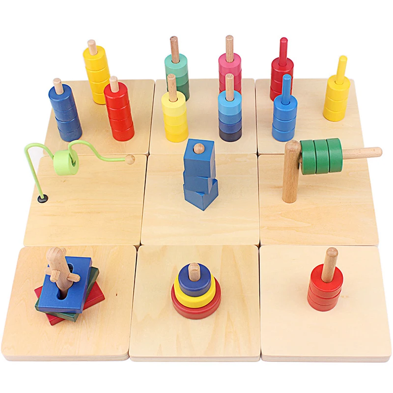 

Montessori Materials Colorful Discs on Horizontal Vertical Dowel Sets Early Education Wood Toys for Toddlers Hand & Feet Finders