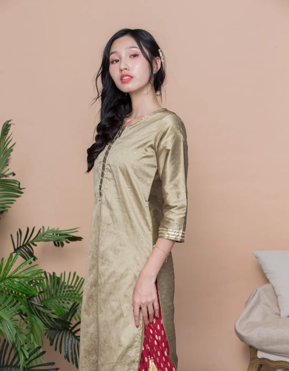 Женские модные комплекты в этническом стиле хлопок Индия Kurtas платье леди три четверти рукав топ брюки