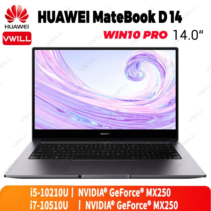 Ноутбук Huawei MateBook D 14 дюймов Intel Core i7 10510U 16 Гб DDR4 512 ГБ SSD GeForce MX250 Windows 10 Pro английский