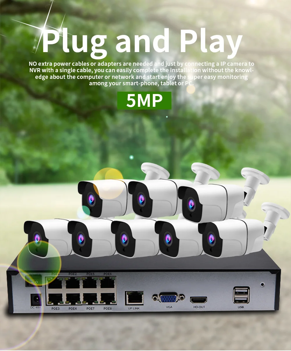 H.265 8CH 5MP CCTV камера система POE NVR комплект Открытый водонепроницаемый 5MP POE IP камера P2P видеонаблюдения