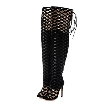 

Sexy Womens Over Knee Gladiator Sandals Black Cut-outs High Heel Thigh Long Boots Zip Back 11cm Size 35 to 40