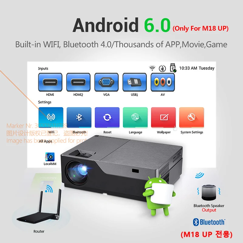 Aon Full HD 1080P проектор M18UP, 5500 люмен, Android 6,0 wifi Bluetooth видео проектор для 4K домашнего кинотеатра(опционально M18 AC3