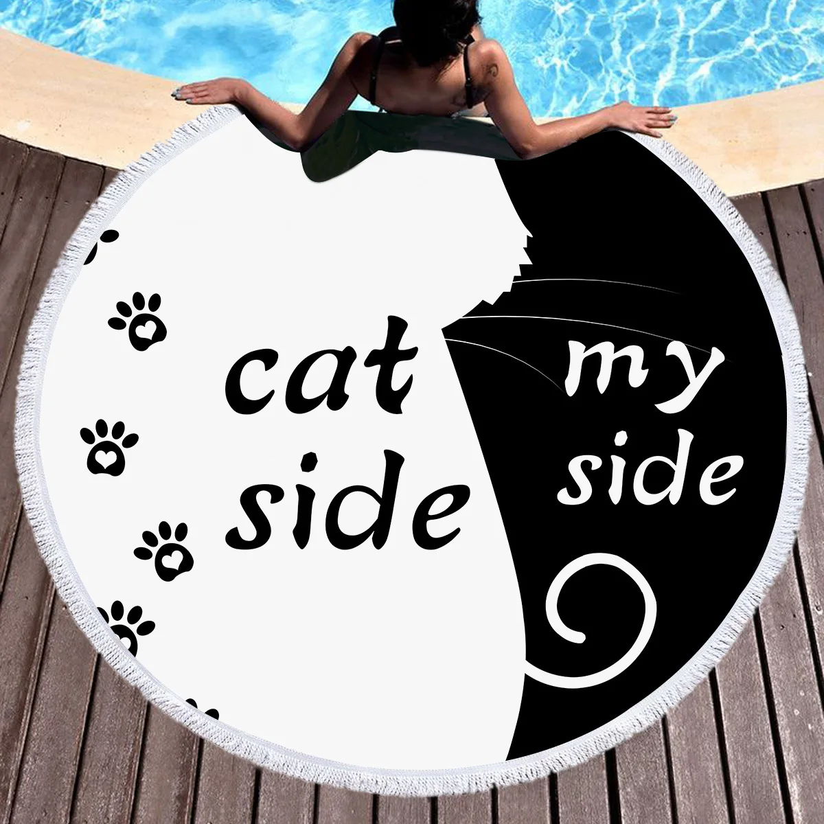 

Large Round Beach Towel Adults Boys With Tassel Dog Side Cat side Summer Bath Towel Printed Microfiber 150cm Yoga Mat