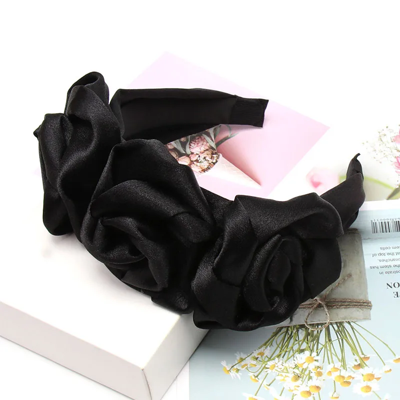 Black (Satin) Однотонный Шифоновый Цветок Розы ободки для женщин девушек элегантные повязки для волос невесты женские аксессуары для волос вечерние праздничные волосы обруч - Цвет: Black (Satin)