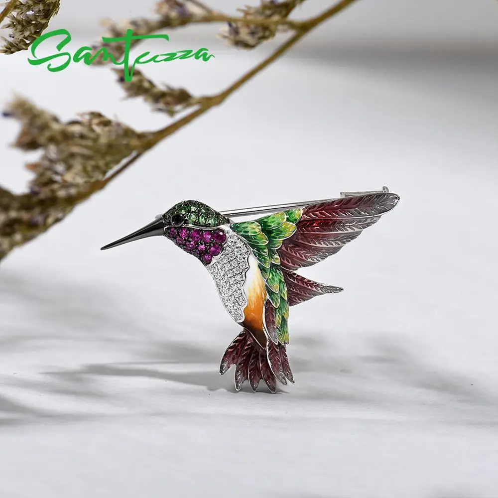 SANTUZZA-broche de Plata de Ley 925 con forma de colibrí, joyería fina hecha a mano, con diseño de Animal colibrí colorido, esmalte