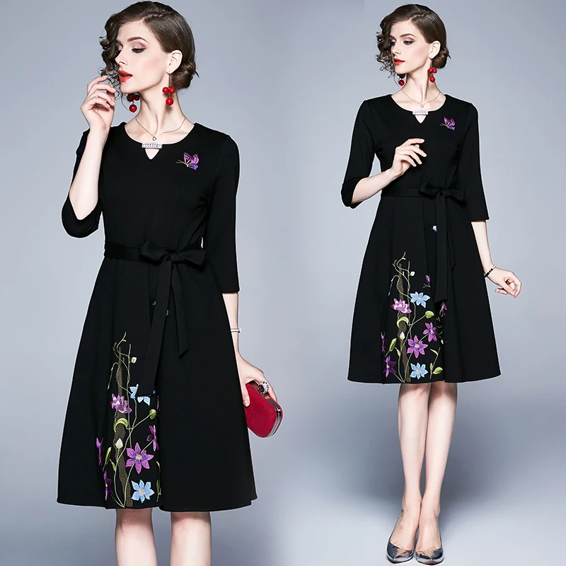 Женское винтажное вышитое элегантное платье с v-образным вырезом черные вечерние