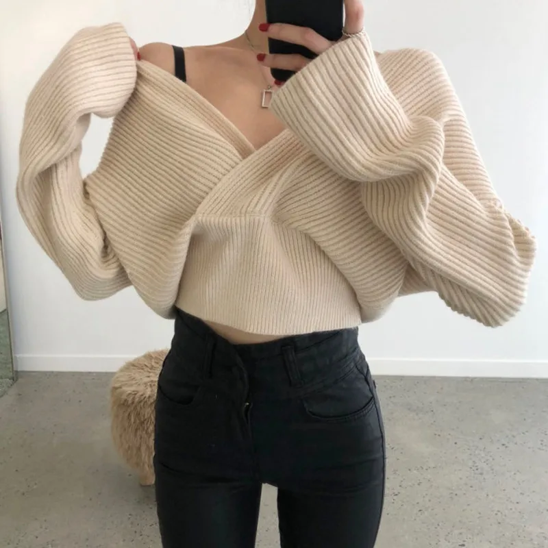 apricot sweater RICININA, Осенний женский свитер, v-образный вырез, полный рукав, однотонный короткий свитер, Женский пуловер, весенний Повседневный сексуальный женский свитер - Цвет: apricot sweater