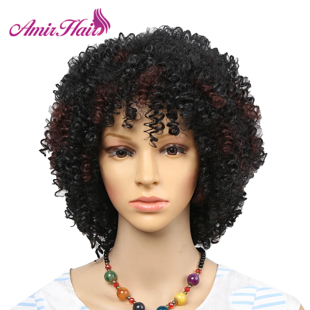 Amir Kinky Curly wigs Brown Afro Wig Synthetic Hair Short Bob bangs Wigs for African Women Black Pelucas Cosplay | Шиньоны и парики