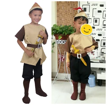 

Halloween Kid's Snow white boy hunter costume children stage role play huntsman costume with cap and sword lumberjack costume