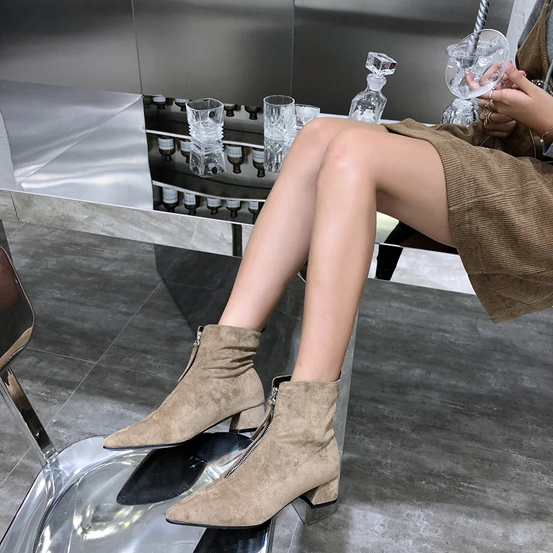 

MONMOIRA Front Zipper Ankle Boots for Women Sexy Pointed Toe High Heel Boots Women Faux Suede Winter Boots Women SWE0661