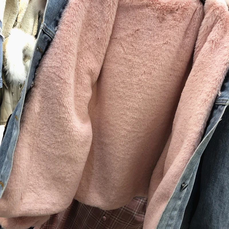 Imitation Fox Fur Collar Denim Jacket Women New Female Thicken Wool Inner Can Removable Fur Coat Lady Short Diamond Jackets