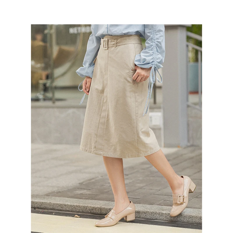 INMAN Winter New Arrival Medium High Waist Beige All Matched Casual with Belt Little A-line Women Skirt