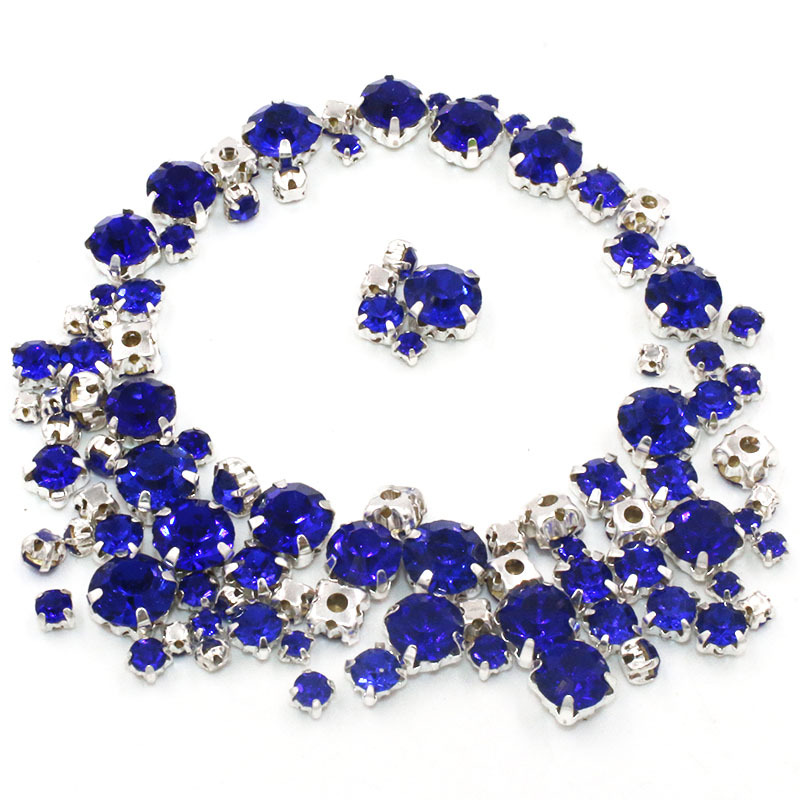 Hot sale strass 100pcs/pack Mixed size Royal blue glass crystal sliver base sew on rhinestones diy clothing accessories