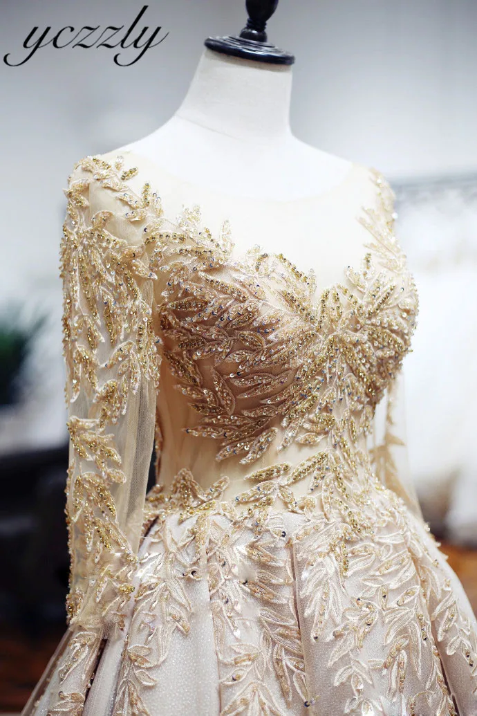 Robe De Mariee винтажные, с длинными рукавами мусульманское свадебное платье плюс размер Золотое бальное платье c аппликациями, платья невесты с блестками W17