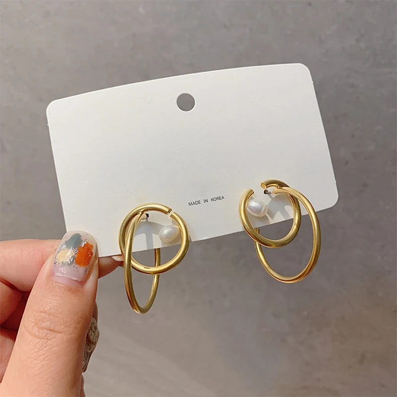 

MENGJIQIA New Design Metal Gold Color Double Circle Hoop Earrings For Women Students Party Geometric Pearl Brincos Jewelry