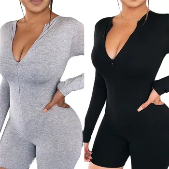 

Black Gray Bodycon Playsuit Women Long Sleeves Slim Fit Sexy V-neck Jumpsuit 2020 Zip Up Party Clubwear Female Shorts Rompers