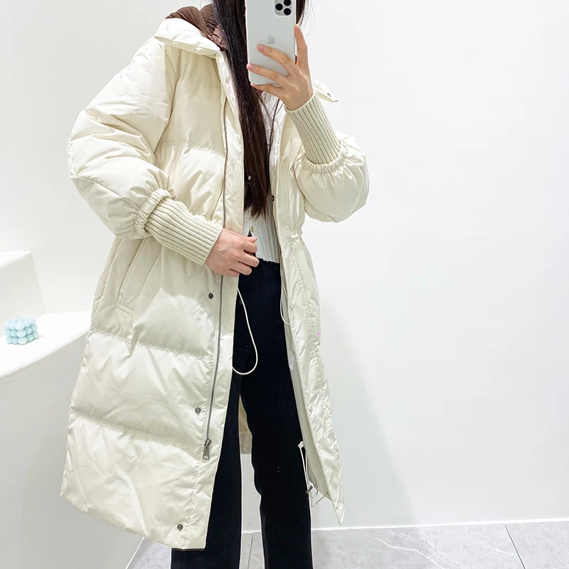 

Winter Streetwear Female Loose Zipper Long Down Jacket Outwea Women Hooded Detachable Thick Warm White Duck Down Parka