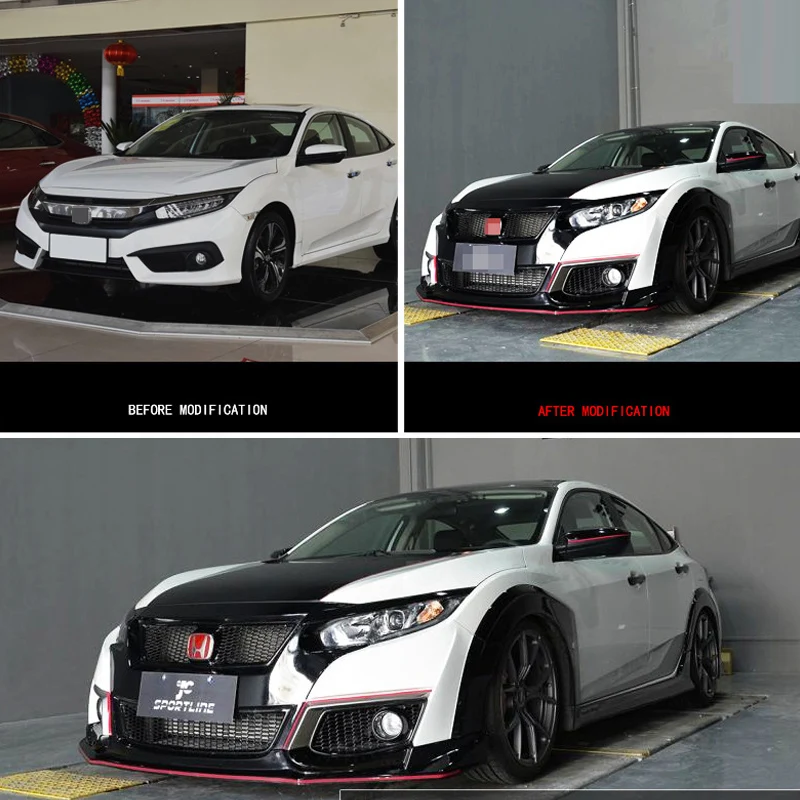 Автомобильный стиль для- Honda Civic 10TH Gen TR передняя губа+ боковые юбки+ крыло вспышки комплект авто аксессуары