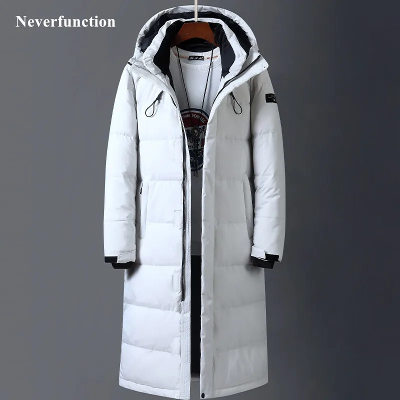 Русская зимняя Толстая Теплая мужская длинная куртка с капюшоном на белом утином пуху, Мужская утолщенная Повседневная парка с защитой от холода и ветра, верхняя одежда