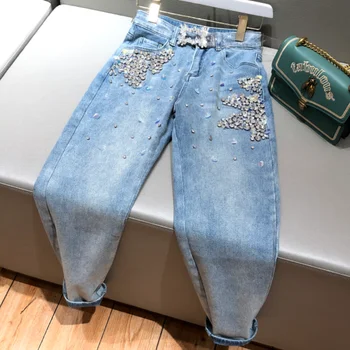 

2020 spring autumn beading jeans women heavy work diamond sequined loose cross jeans