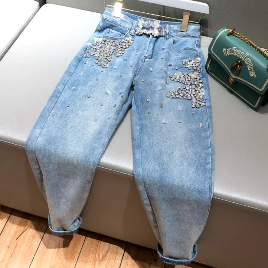 Pantalones vaqueros cuentas para mujer, jeans cruzados con lentejuelas de diamante para trabajo pesado 2020|Pantalones vaqueros| - AliExpress
