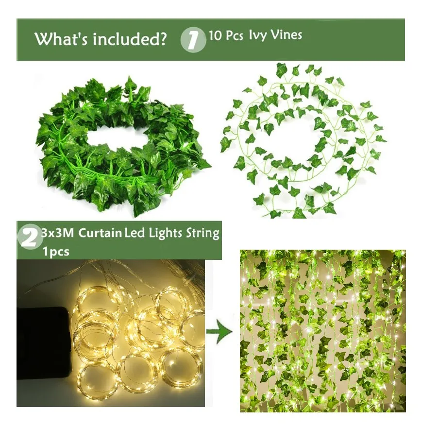 Ivy Leaves Garland with Solar Power LED String Lights Freshen up Your Garden Home Corridor Veranda 10pcs Ivy Vines Curtain Lamp mini fairy lights String Lights