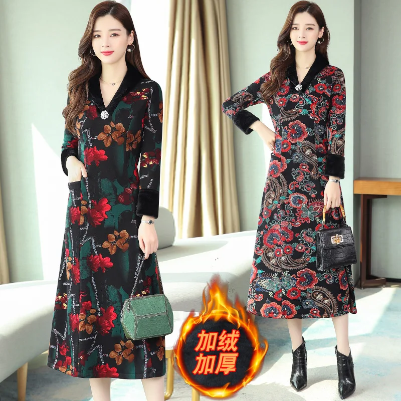 

Large Size Dress Lady Elegant plus Velvet Floral Printed Dress Women's 2019 Winter Thick over-the-Knee Base Mom Skirt
