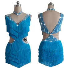 Пикантные костюмы для латиноамериканских танцев платье для танцев озерно-голубой платье с бахромой единого дизайна с яркими стразами платье костюм для выступлений с Праздничное платье для девочек женское платье в стиле латино BL2537