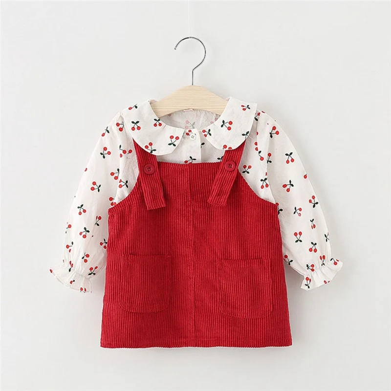 Осенний комплект одежды принцессы, принт вишни, рубашка, блузка+ комбинезон, платье для новорожденных девочек, Детский комплект из 2 предметов, S9574 - Цвет: Red