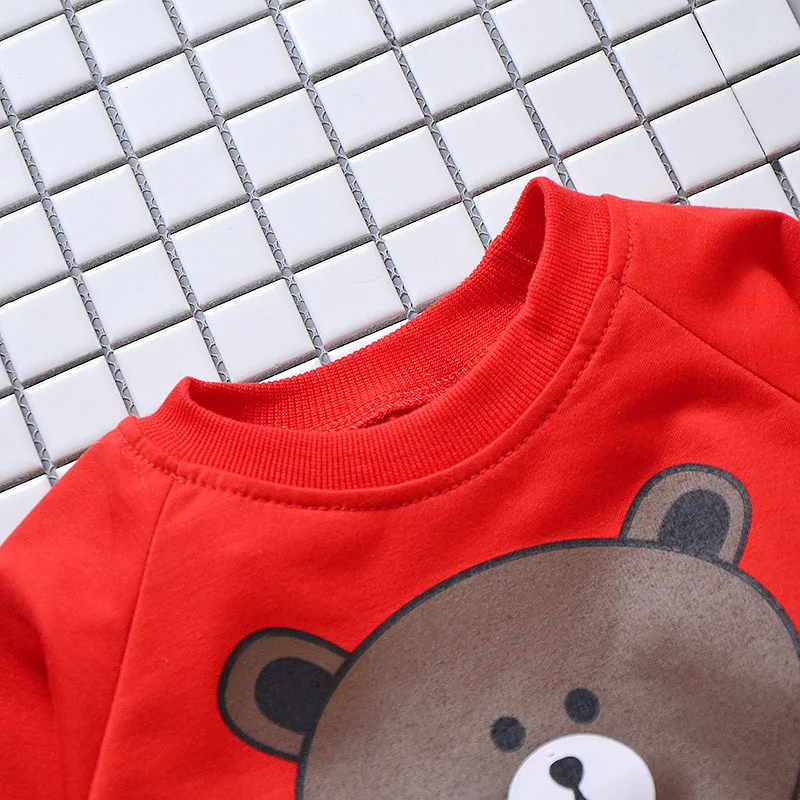 Весенне-осенние детские комплекты одежды с рисунками для мальчиков и девочек, Детская футболка с принтом медведя, джинсы, 2 шт./компл